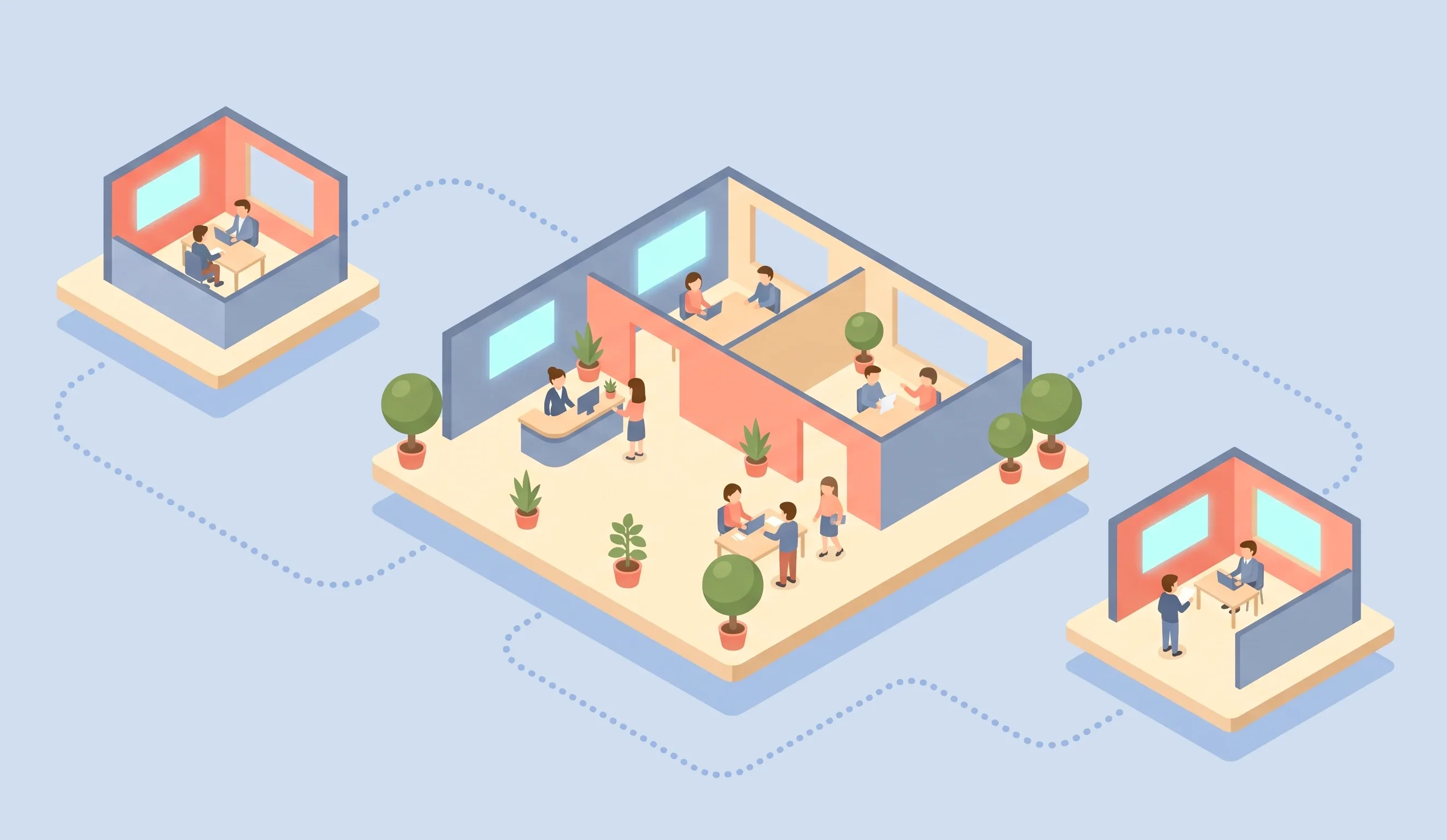Illustration of three small offices on floating platforms joined by a dotted path, each with a lit meeting-room display and people at work.