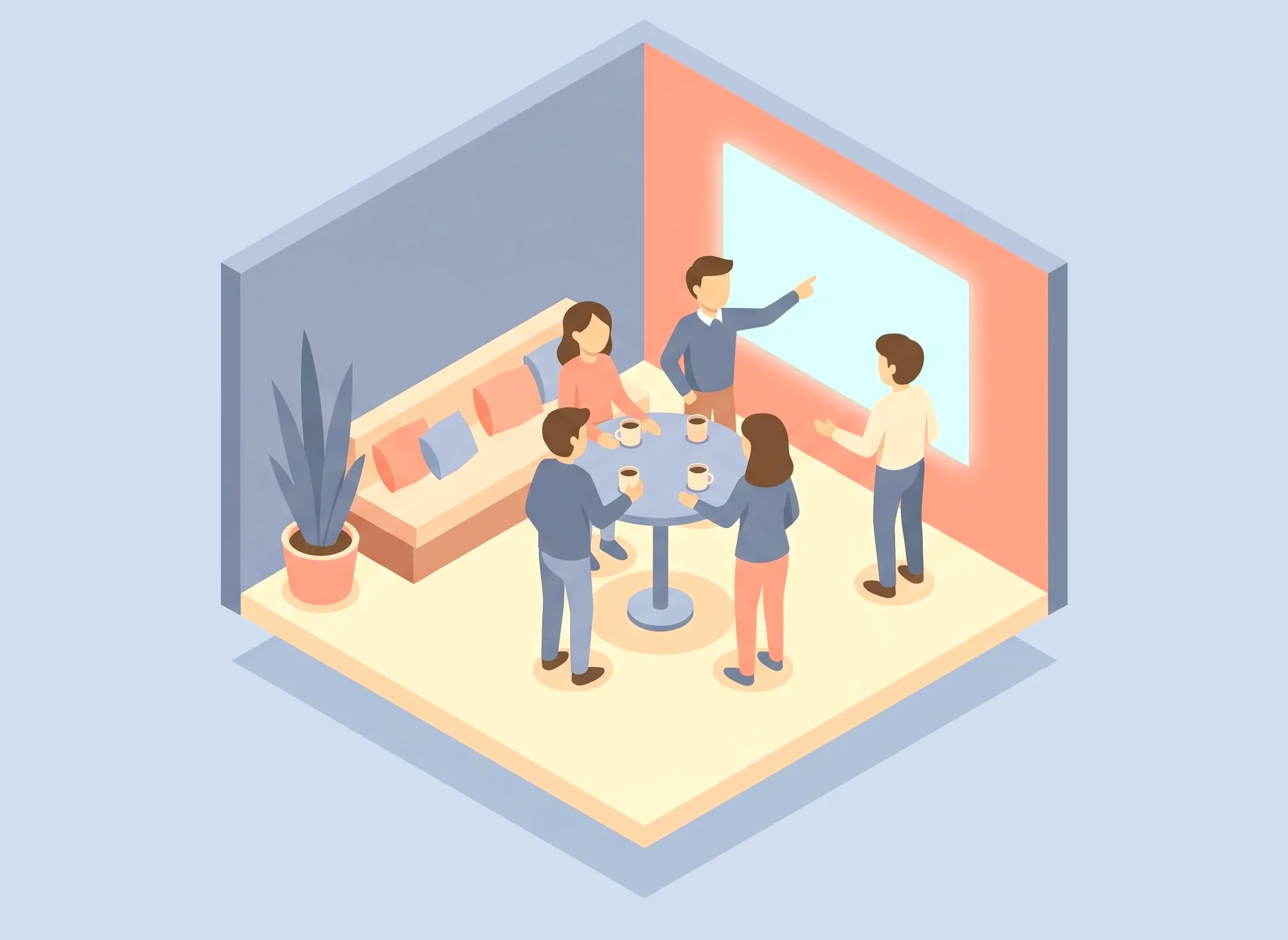 Illustration of a team room: five colleagues with coffee around a high table, one pointing to the lit wall display.