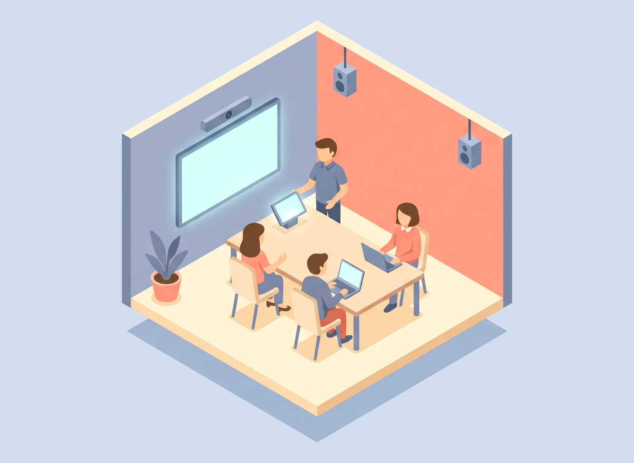 Illustration of a conference room: a technician shows the team how to start the room from a touch panel on the table, the wall display lit and a camera bar above it.