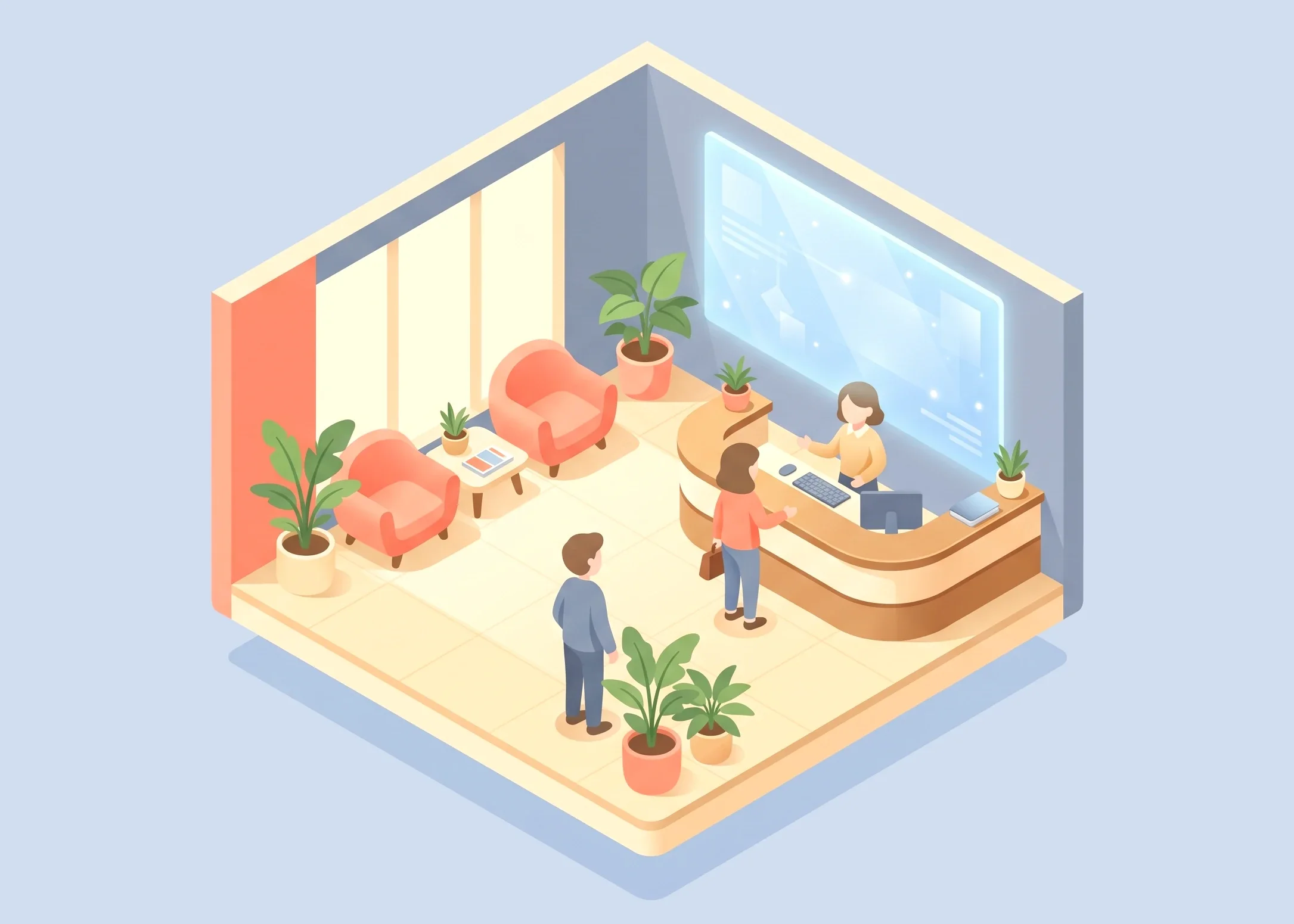 Illustration of an office reception: a receptionist at a curved desk greets a visitor with a bag while another waits, with a lit wall display, two armchairs and plants.