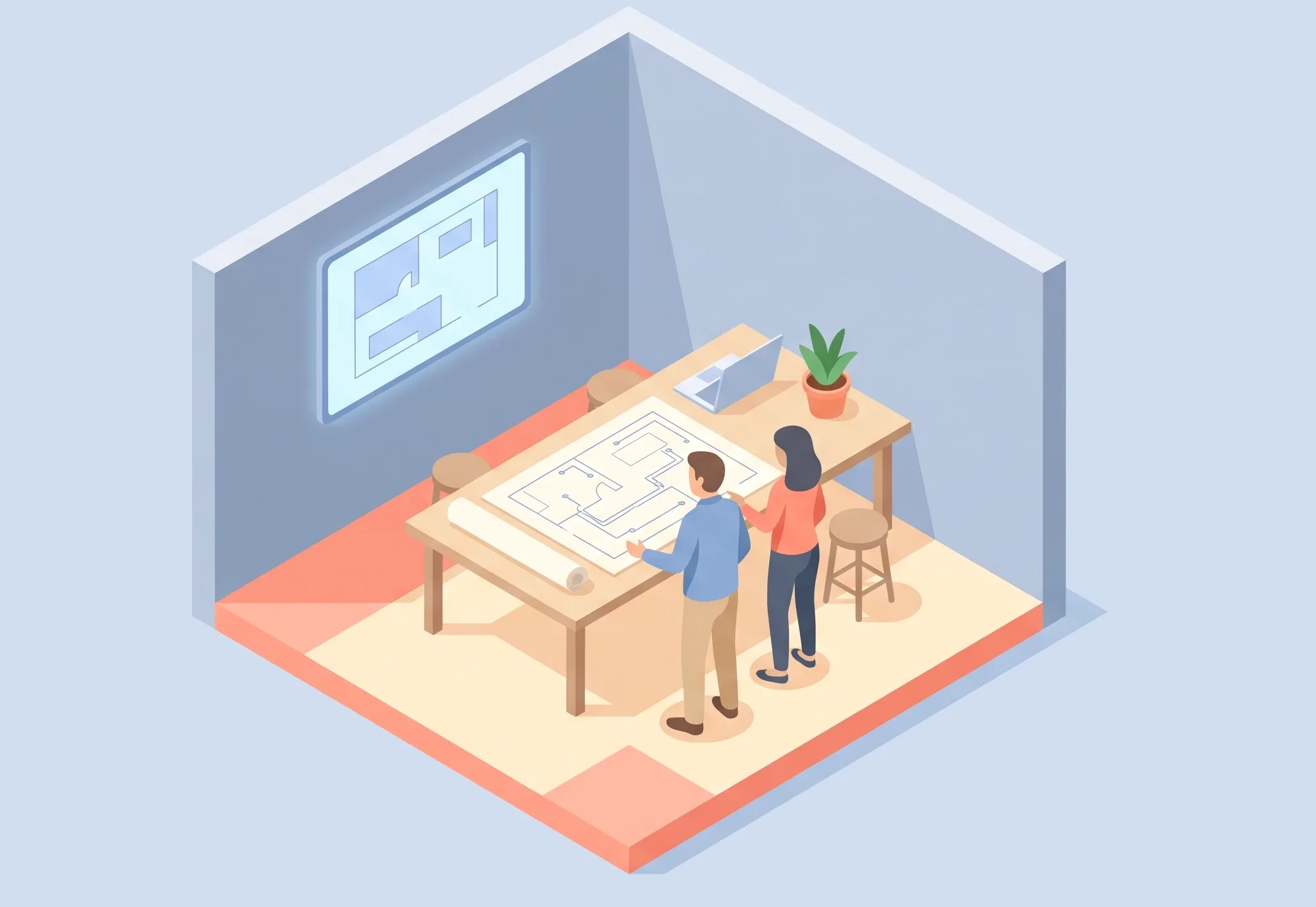 Illustration of a planning room: two people review a floor plan on a long table while a wall display shows the room layout.