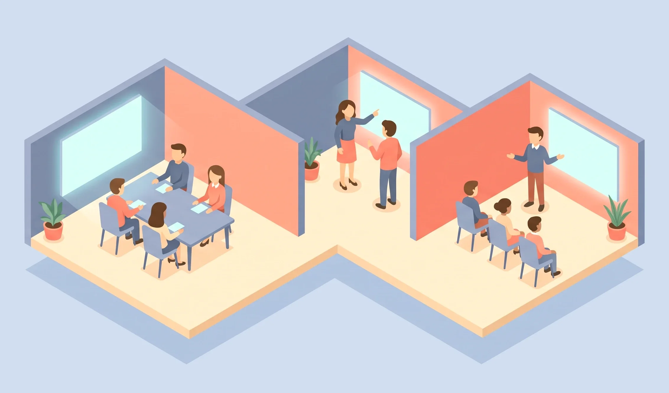 Illustration of three meeting rooms side by side: a team at a boardroom table facing a lit wall display, two people talking at a huddle-room display, and a trainer presenting to three seated people.