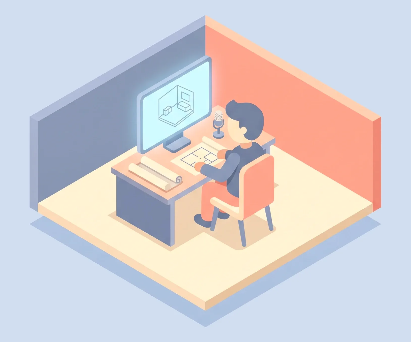 Illustration: a designer at a desk works on a room drawing on a large monitor.