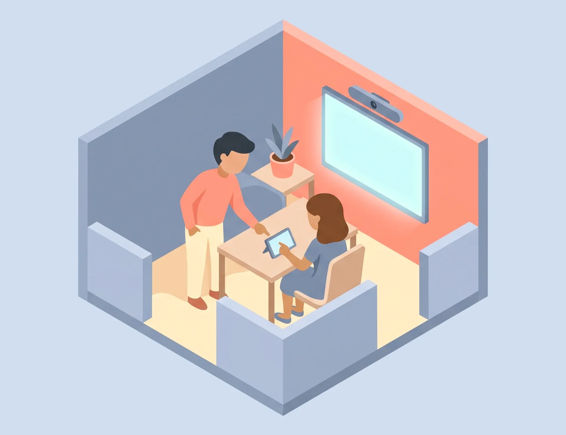 Illustration: a technician shows a seated person how to use the touch panel in a meeting room.