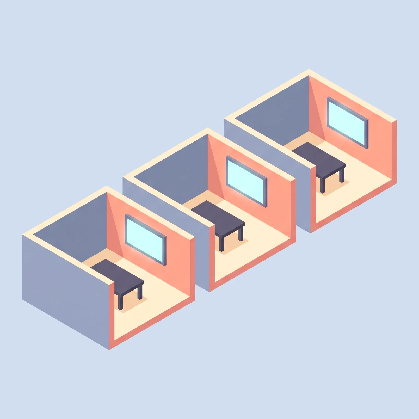 Illustration: three identical meeting rooms in a row.