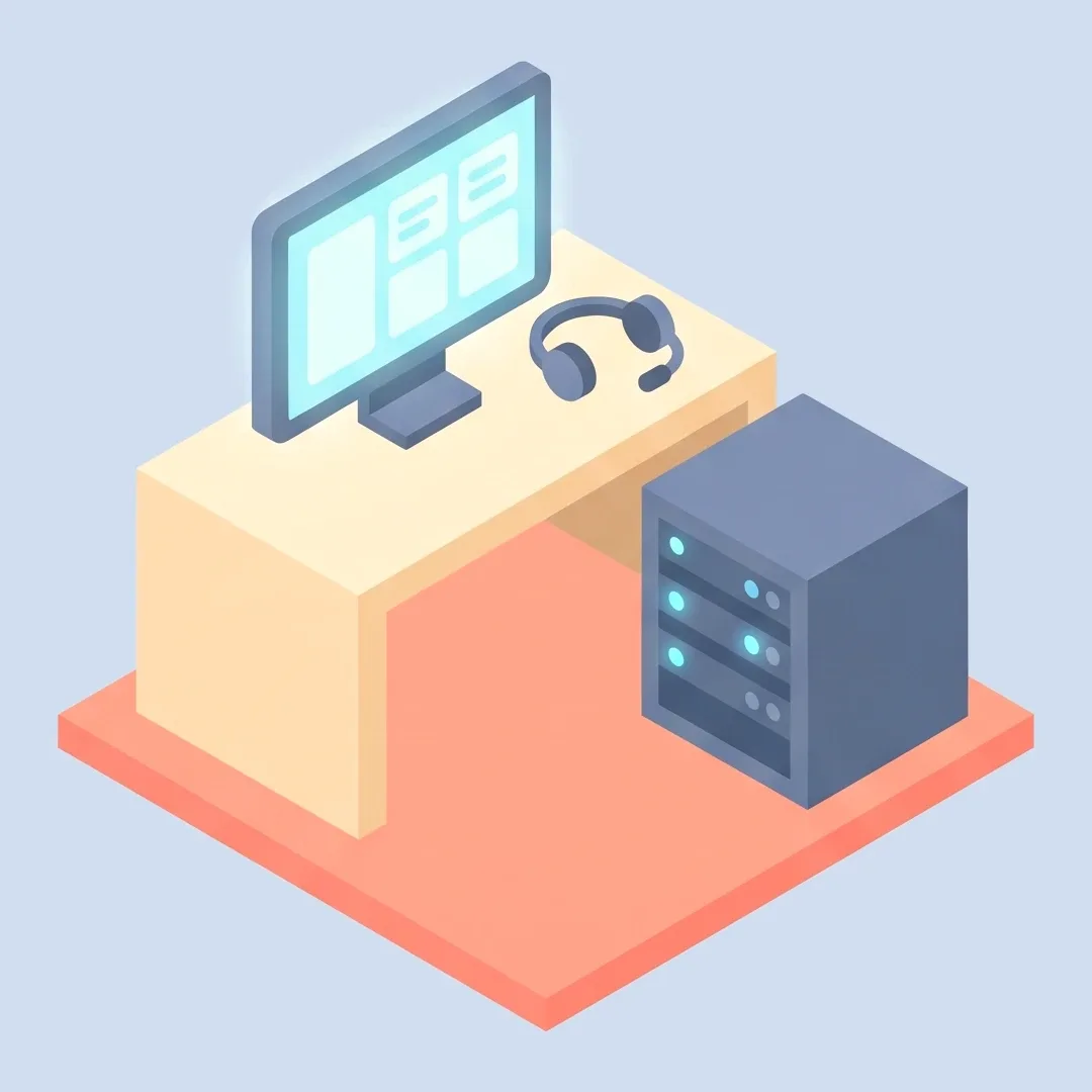 Illustration: a support desk with a monitor, a headset and an equipment rack.